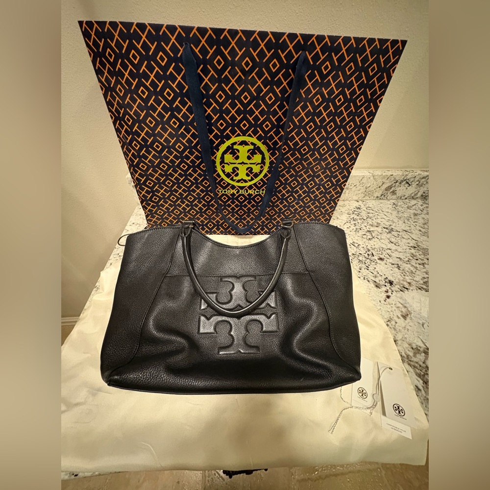 Tory Burch Black Pebbled Leather Tote Bag Large Logo Shoulder Bag